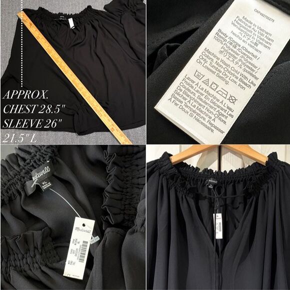 NWT Madewell Black Semi-Sheer Long Sleeve Tie Neck Ruffled Cuff Chiffon Blouse - Picture 12 of 12
